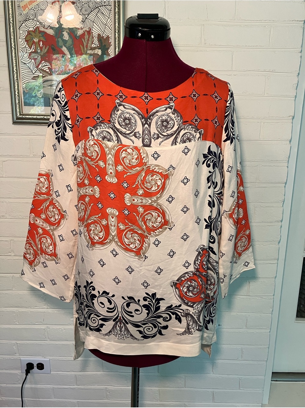 Massimo Dutti 100% Mulberry Silk Tunic - Orange & Navy Print - Portugal Large